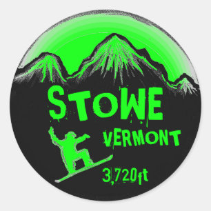Stowe Vermont明るい緑のスノーボードアートシール ラウンドシール