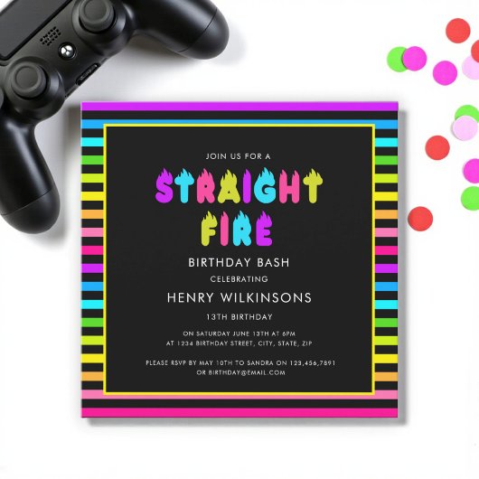 Straight fire neon teen boys birthday  招待状