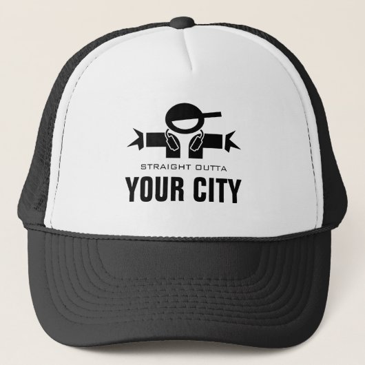 Straight Outta DJ trucker hat | Add your city name キャップ (正面)