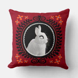 Strange White Bunny: Red, Black, Teal, & Orange クッション