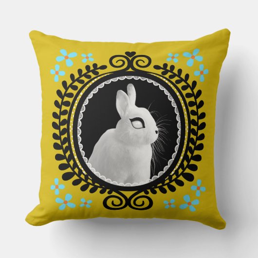 Strange White Bunny: Yellow, Black, & Light Blue  クッション (正面)