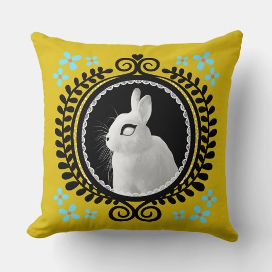 Strange White Bunny: Yellow, Black, & Light Blue  クッション (正面)