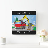 Straßenbaustelle mit rotem LKW und gelben Bagger スクエア壁時計 (ホーム)