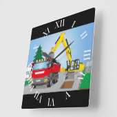 Straßenbaustelle mit rotem LKW und gelben Bagger スクエア壁時計 (傾斜)