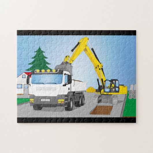 Straßenbaustelle mit weißem LKW und gelben Bagger ジグソーパズル (横)