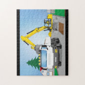 Straßenbaustelle mit weißem LKW und gelben Bagger ジグソーパズル (縦)