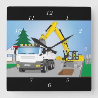 Straßenbaustelle mit weißem LKW und gelben Bagger スクエア壁時計