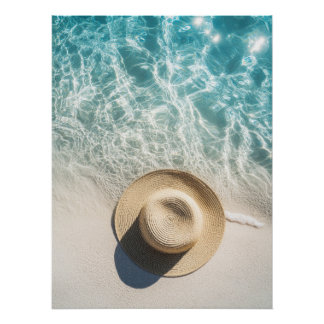 Straw Hat on White Sand by Sparkling Ocean ポスター