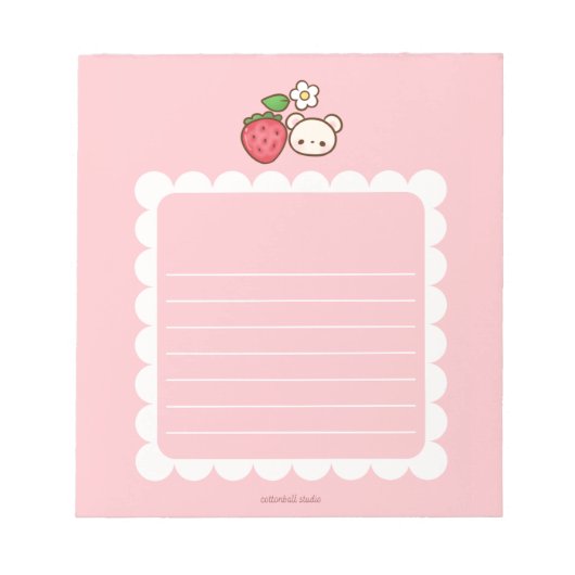 Strawbeary Pink Scallop Border Cute Bear Notepad ノートパッド (正面)