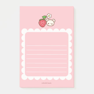 Strawbeary Pink Scallop Border Cute Bear Notepad ポストイット