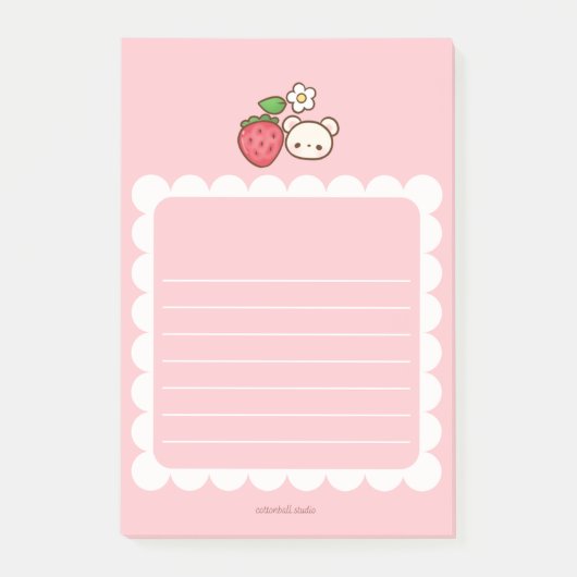 Strawbeary Pink Scallop Border Cute Bear Notepad ポストイット (正面)