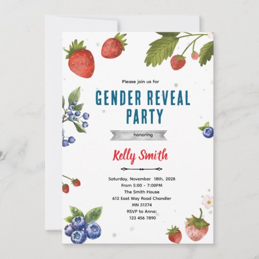 Strawberries and Blueberries Gender Reveal invite 招待状 (正面)