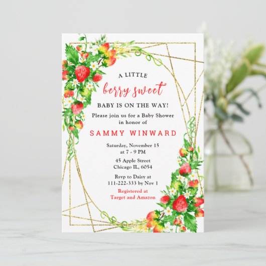 Strawberries and Daisies Baby Shower 招待状 (スタンド正面)