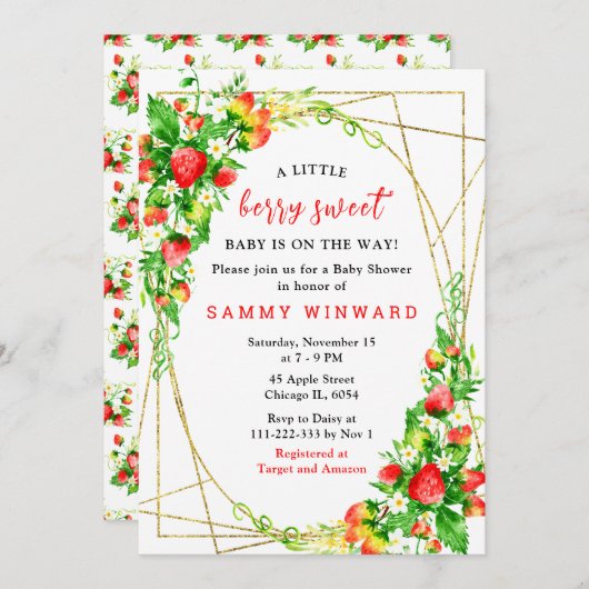 Strawberries and Daisies Baby Shower 招待状 (正面/裏面)