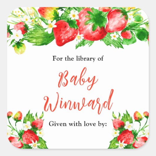 Strawberries and Daisies Baby Shower Bookplate スクエアシール (正面)