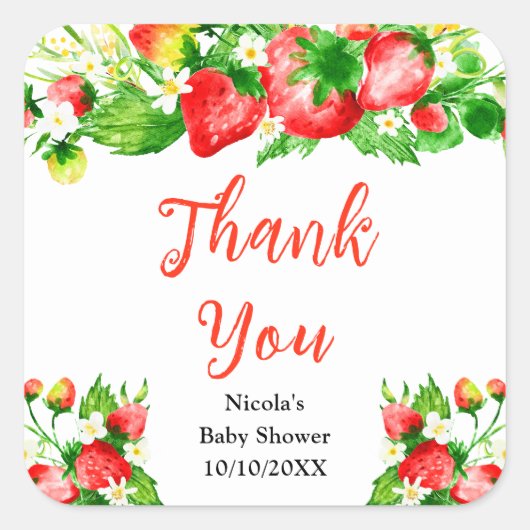 Strawberries and Daisies Baby Shower Thank You スクエアシール (正面)