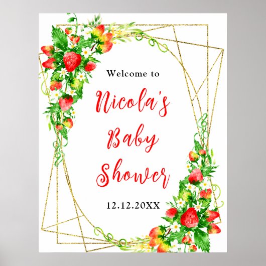 Strawberries and Daisies Baby Shower Welcome ポスター (正面)