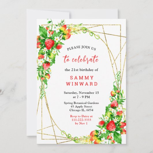 Strawberries and Daisies Birthday 招待状 (正面)
