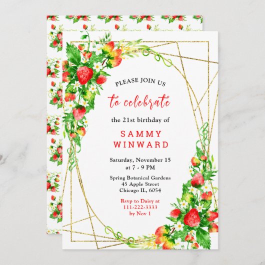 Strawberries and Daisies Birthday 招待状 (正面/裏面)