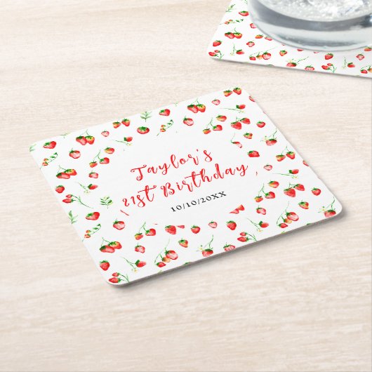 Strawberries and Daisies Birthday Party スクエアペーパーコースター (アングル)