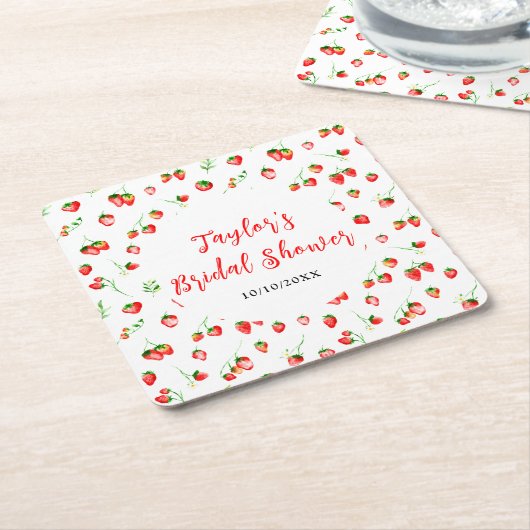 Strawberries and Daisies Bridal Shower スクエアペーパーコースター (アングル)