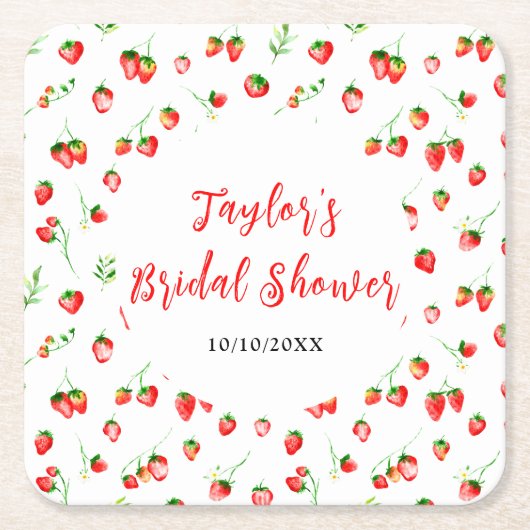 Strawberries and Daisies Bridal Shower スクエアペーパーコースター (正面)