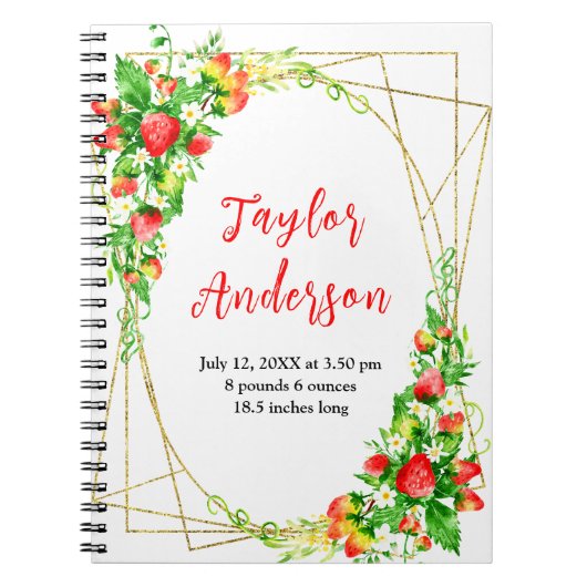 Strawberries and Foliage Baby Birth Stats ノートブック (正面)