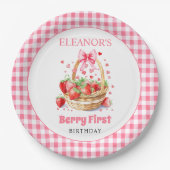 Strawberries and pink bow Berry First Birthday ペーパープレート (正面)