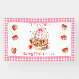Strawberries and pink bow Berry First Birthday 横断幕