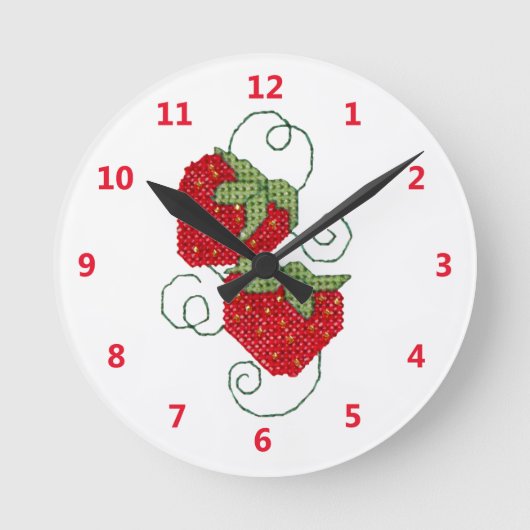 Strawberries Cross Stitch ラウンド壁時計 (正面)