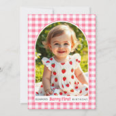 Strawberries hearts bow Berry First Birtday photo サンキューカード (裏面)