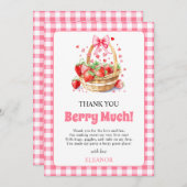 Strawberries hearts bow Berry First Birtday photo サンキューカード (正面/裏面)