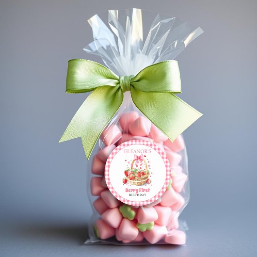 Strawberries hearts,pink bow Berry First Birthday ラウンドシール