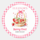 Strawberries hearts,pink bow Berry First Birthday ラウンドシール (正面)