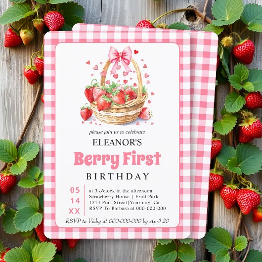 Strawberries hearts pink bow Berry First Birthday 招待状