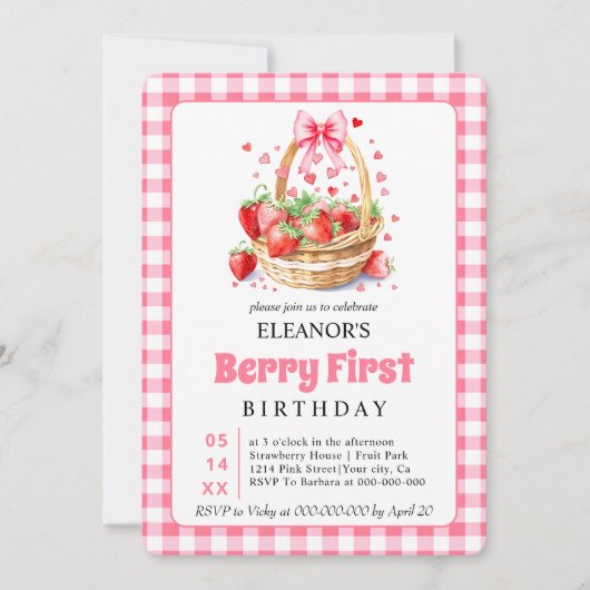 Strawberries hearts pink bow Berry First Birthday 招待状 (正面)