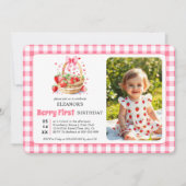 Strawberries, pink bow Berry First Birtday photo 招待状 (正面)