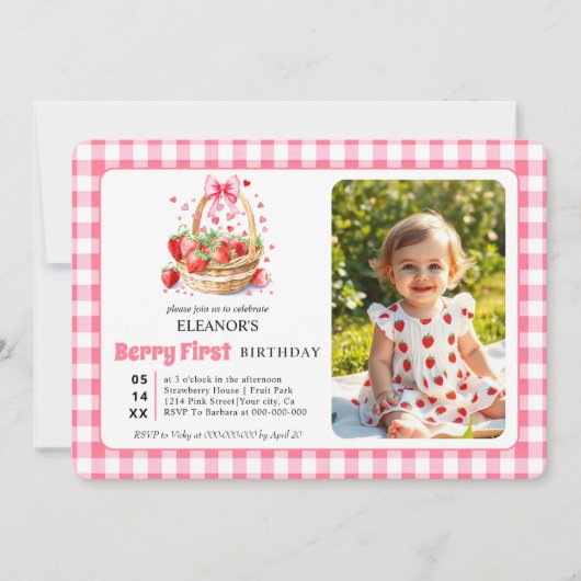 Strawberries, pink bow Berry First Birtday photo 招待状 (正面)