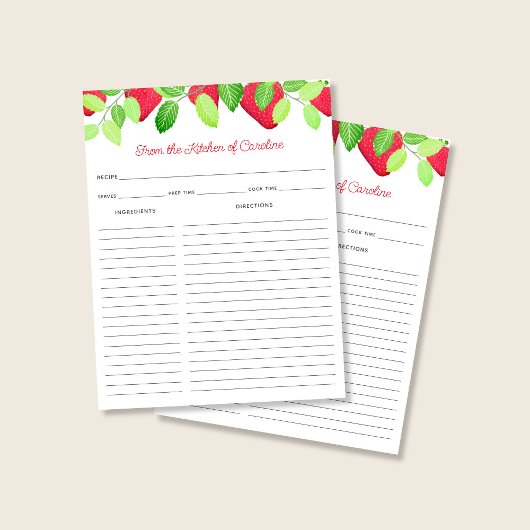 Strawberries Red Berry Recipe Card Binder Insert