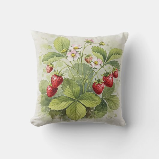 Strawberries Red Green Summer Flower Pillow クッション (正面)
