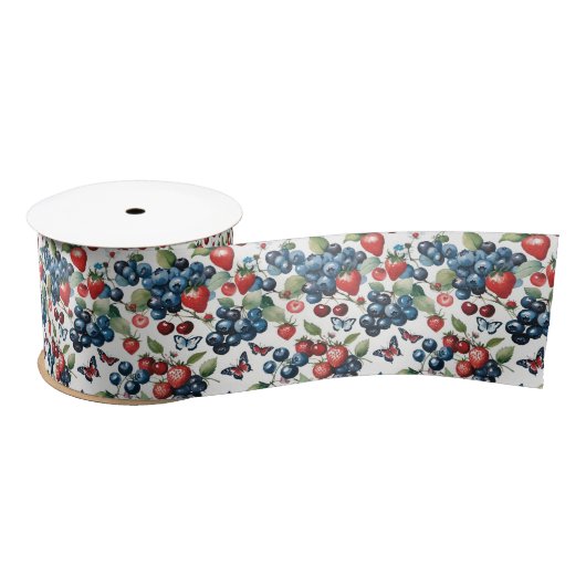 Strawberries With Blueberries and Butterflies サテンリボン (リール)