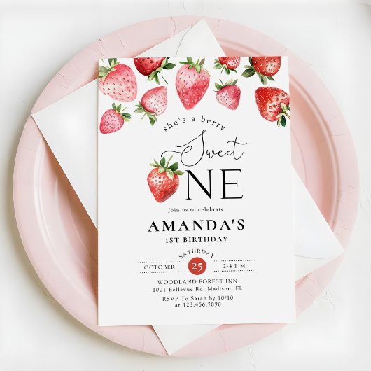 Strawberry 1st Birthday Berry Sweet One 招待状