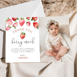 Strawberry 1st Birthday Berry Sweet One Photo サンキューカード