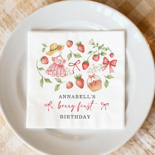 Strawberry 1st Birthday Invite First Berry Sweet スタンダードカクテルナプキン