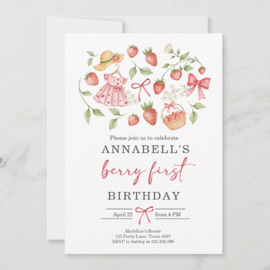 Strawberry 1st Birthday Invite First Berry Sweet 招待状 (正面)