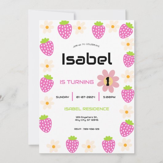 Strawberry 1st Birthday Invite First Berry Sweet 招待状 (正面)