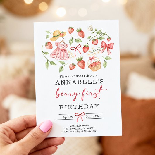 Strawberry 1st Birthday Invite First Berry Sweet 招待状