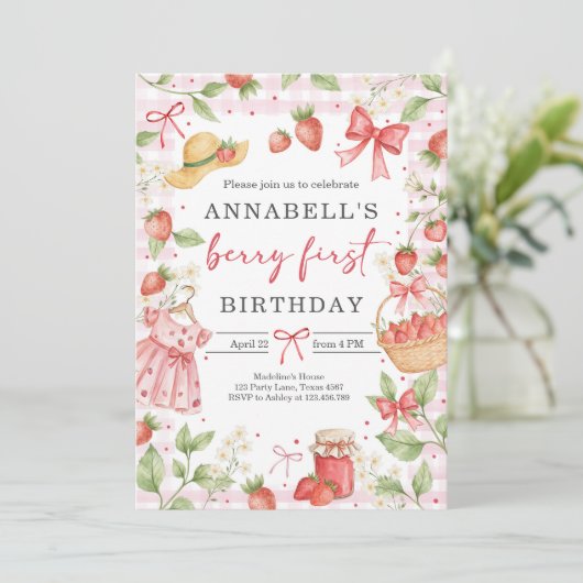 Strawberry 1st Birthday Invite First Berry Sweet 招待状 (スタンド正面)
