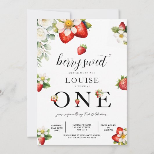 Strawberry 1st Birthday Party Berry First  招待状 (正面)