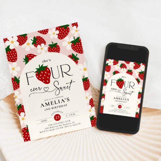 Strawberry 4th Birthday Four Ever Sweet 招待状